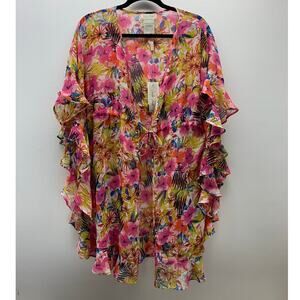 Charlie Paige One Size Cardigan Sheer Floral Tie Front Beachy Flowy Boho Ruffle